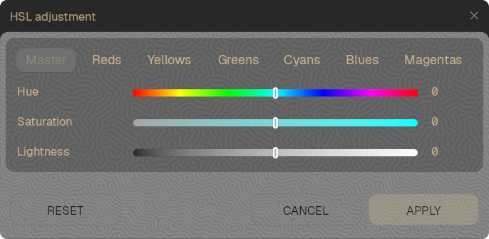The HSL adjustment panel, set to the master range