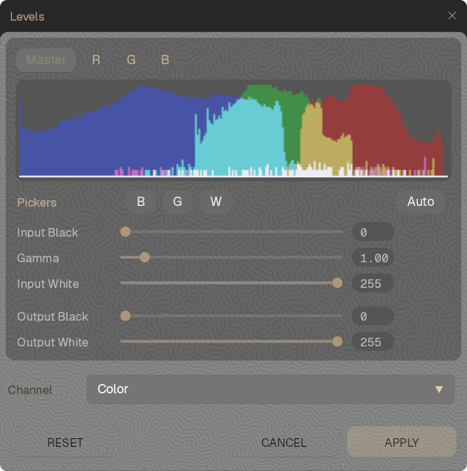 The Levels panel over a live RGB histogram